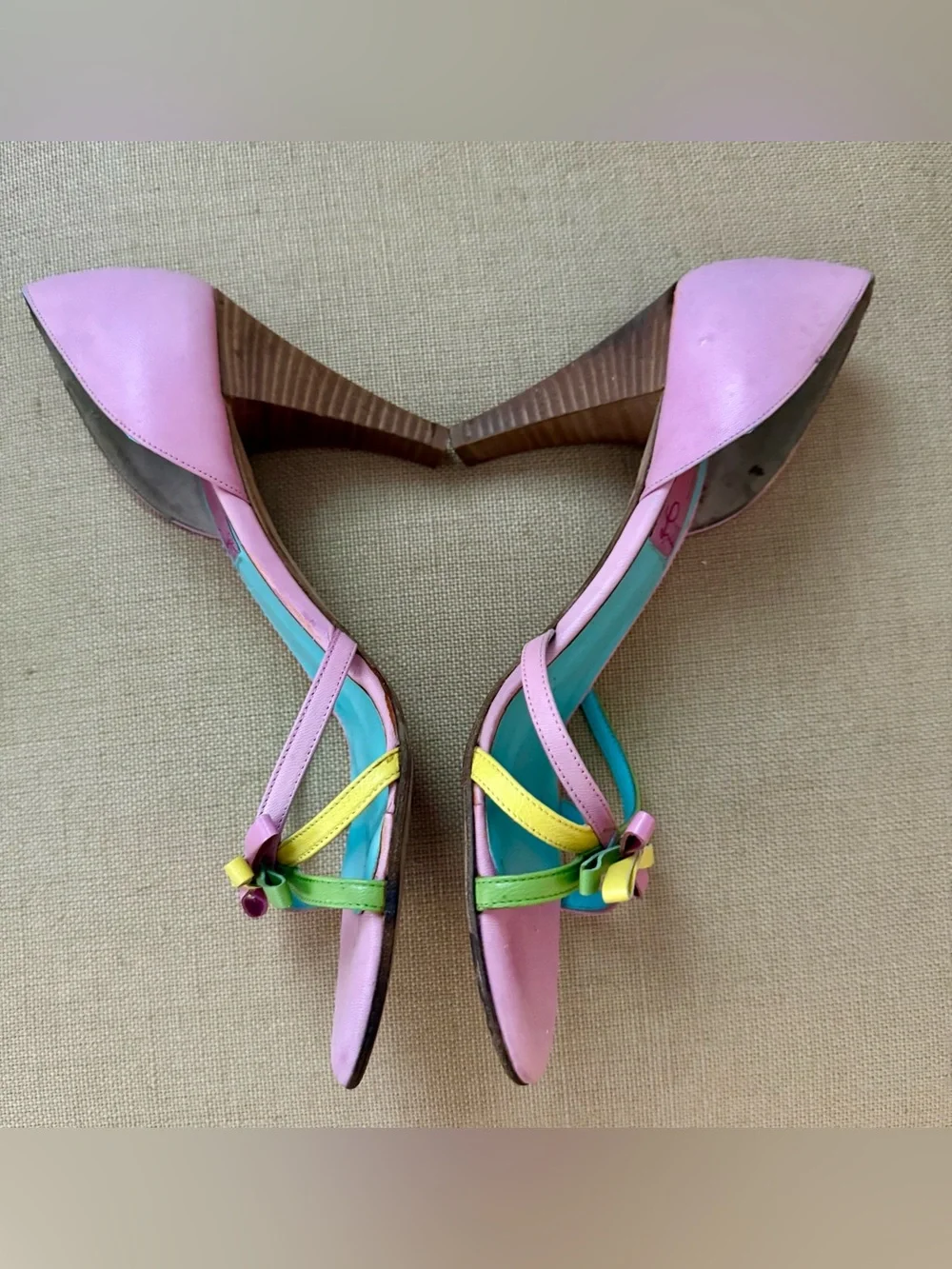 Vintage Lilly Pulitzer Pink Open-Toe Heels with Multicolor Bow Made in Italy
